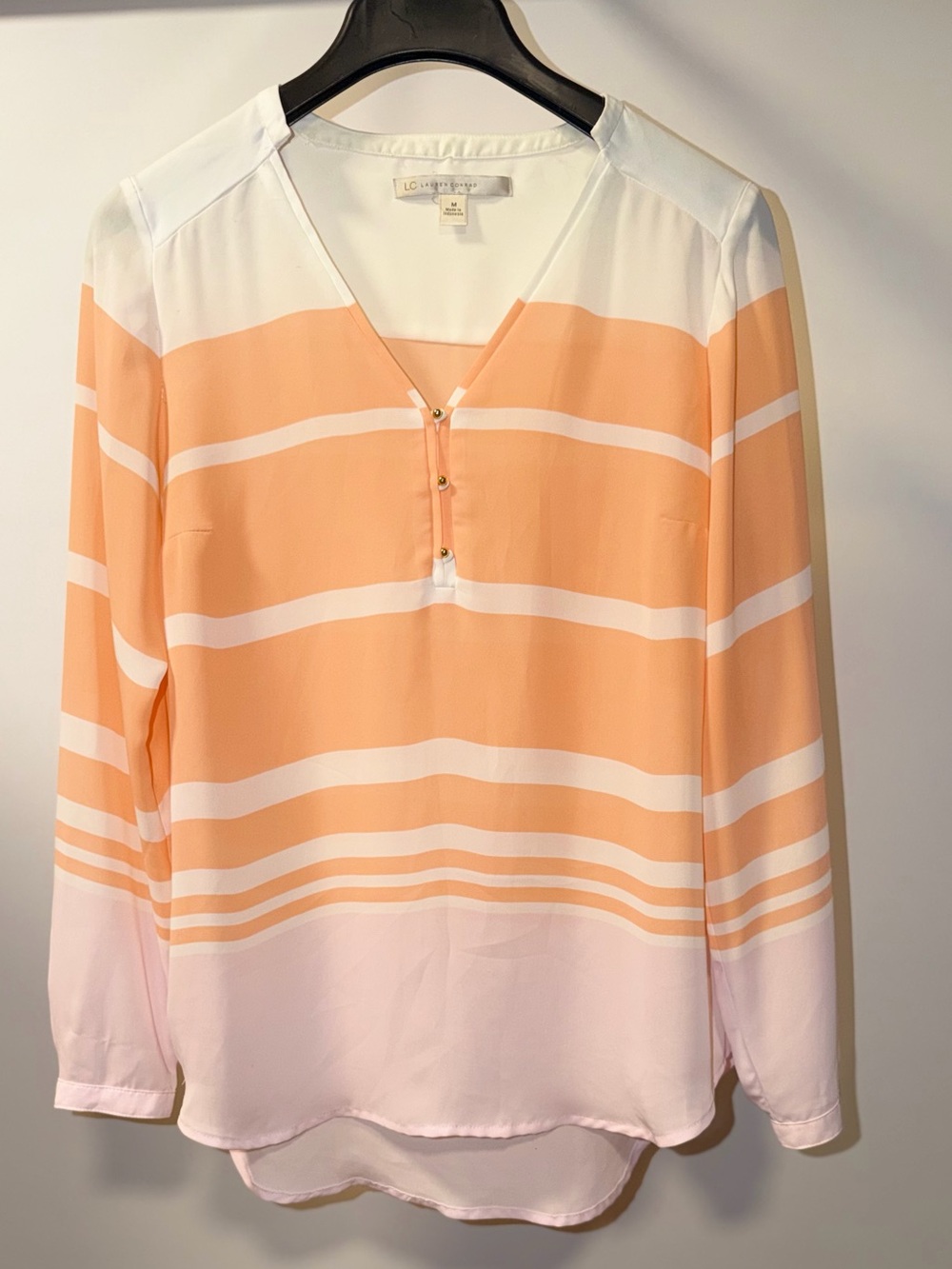 LC Lauren Conrad Peach and White Striped V-Neck Blouse
